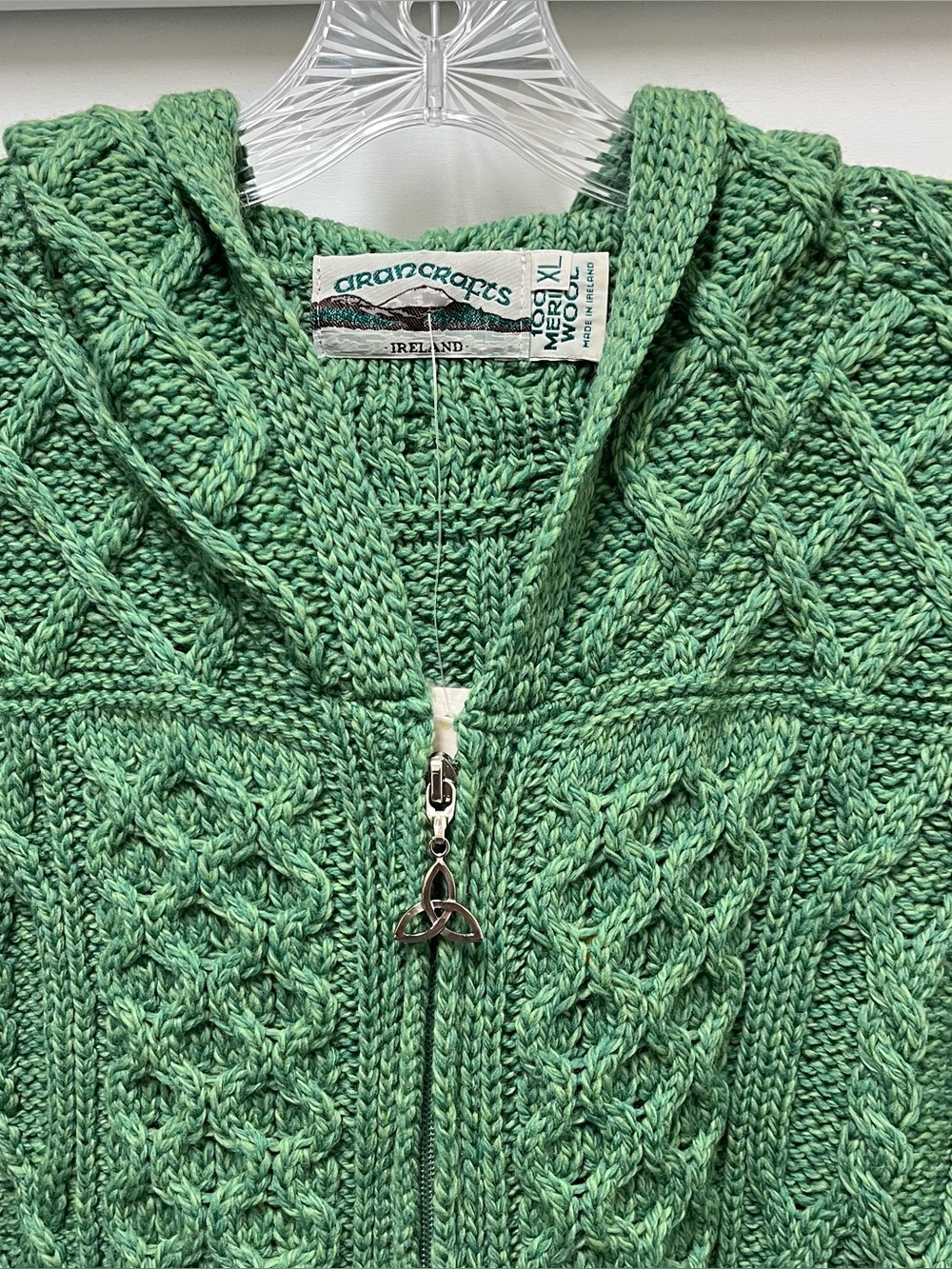 Aran Crafts Ireland Merino Wool Hooded Cable Knit Cardigan Sweater XL Fisherman